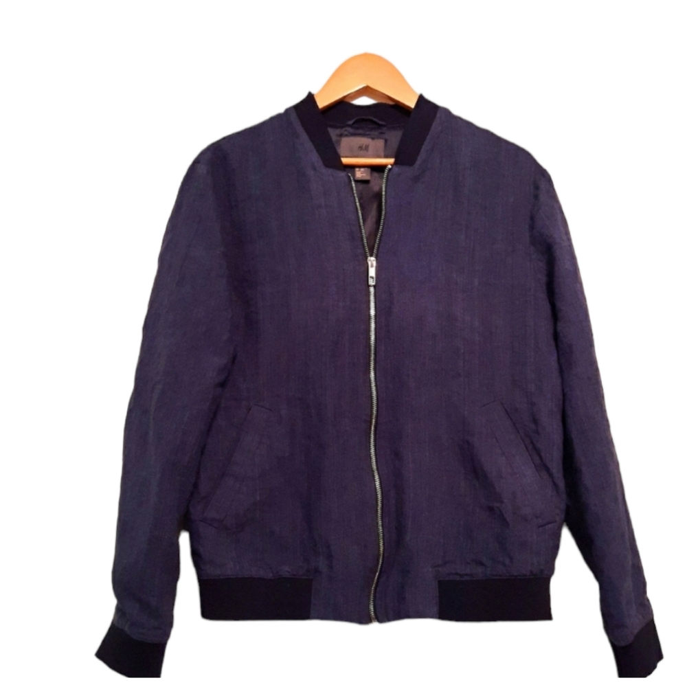 H&M Blue 100% Linen zip up bomber JACKET Size 44R